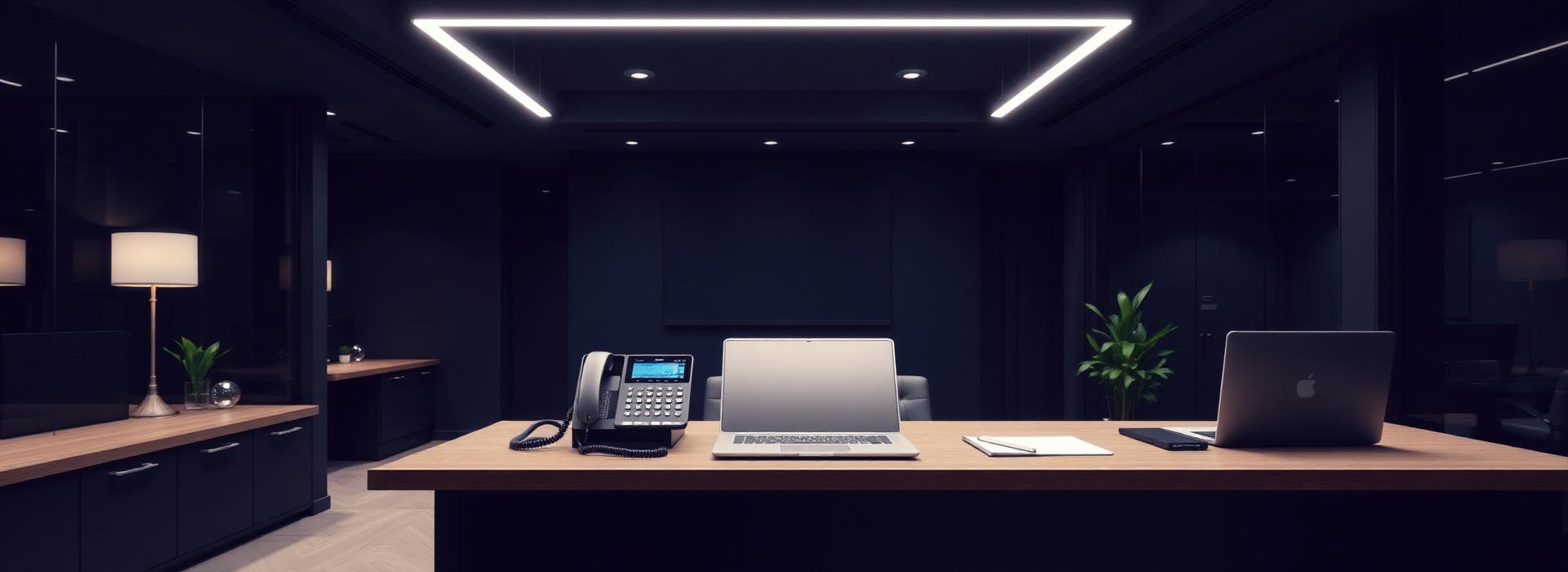 Office reception desk with phone and laptop