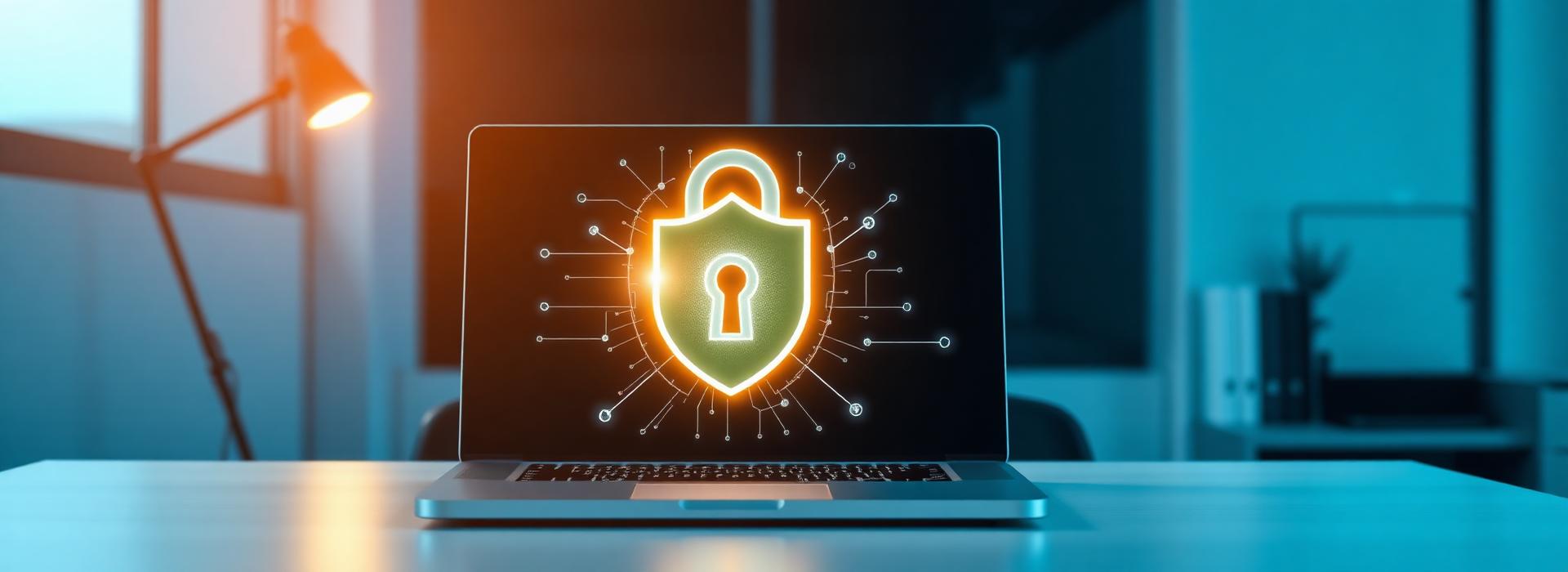 Cybersecurity shield protecting business laptop